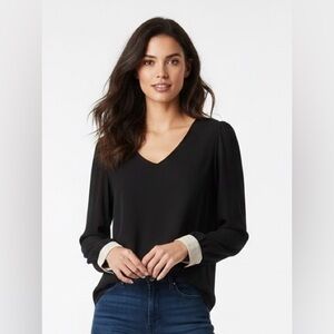 Forever 21 Black Long-Sleeved Cream Cuffs Blouse Oval Neck Back & Cuff Buttons S